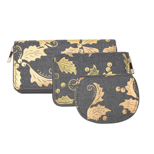 Set of 3 - Golden Leaves Pattern Jute Wallet with Zipper Closure  Grey
