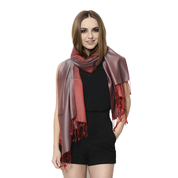 100% Superfine Silk Grey and Cherry Colour Jacquard Jamawar Scarf with Fringes (Size 180x70 Cm) (Wei