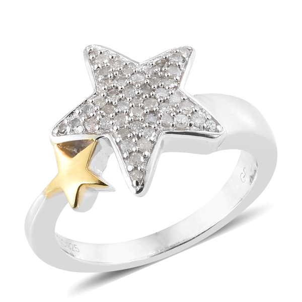 GP Diamond (Rnd), Kanchanaburi Blue Sapphire Star Ring in Platinum Overlay Sterling Silver  0.270 Ct