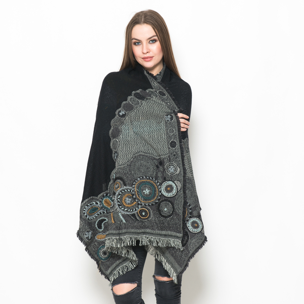 Designer Inspired 100% Merino Wool Multi Colour Paisley and Floral Embroidered Black Colour Scarf (S