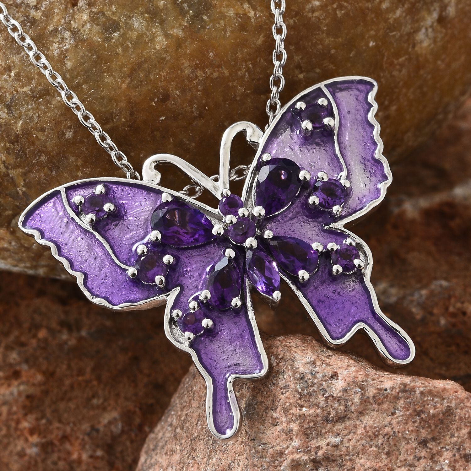 GP - African Amethyst & Blue Sapphire Purple Colour Enameled Butterfly Pendant with Chain (Size - 20) in Rhodium Overlay Sterling Silver 1.90 Ct.