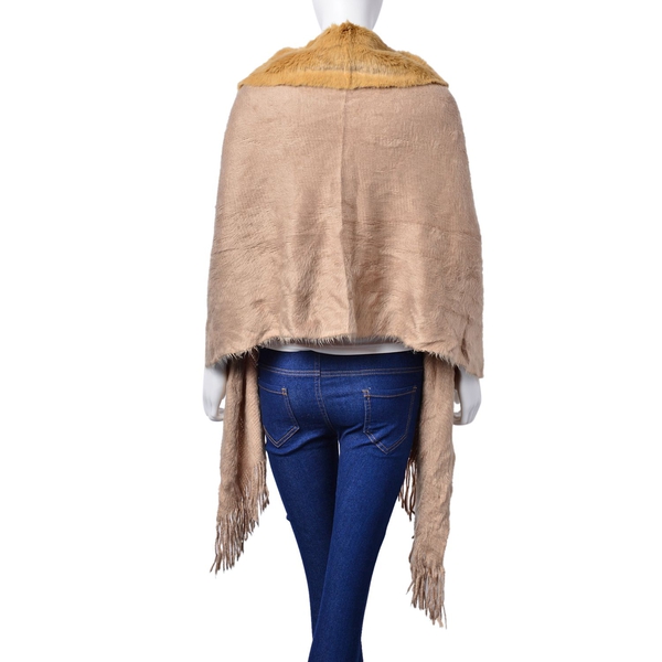 Winter Special - Khaki Colour Poncho with 6 Pom Pom and Faux Fur Collar (Size 160x55 Cm)