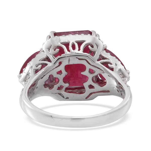 African Ruby (Oct 9.15 Ct), Natural Cambodian White Zircon Ring in Rhodium Plated Sterling Silver 12.970 Ct.