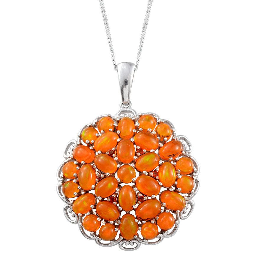 Orange Ethiopian Opal (Ovl), Jalisco Fire Opal Cluster Pendant With Chain in Platinum Overlay Sterli