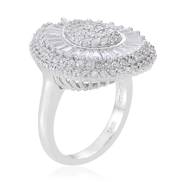 AAA Simulated White Diamond (Baguette and Round) Ring in Rhodium Plated Sterling Silver