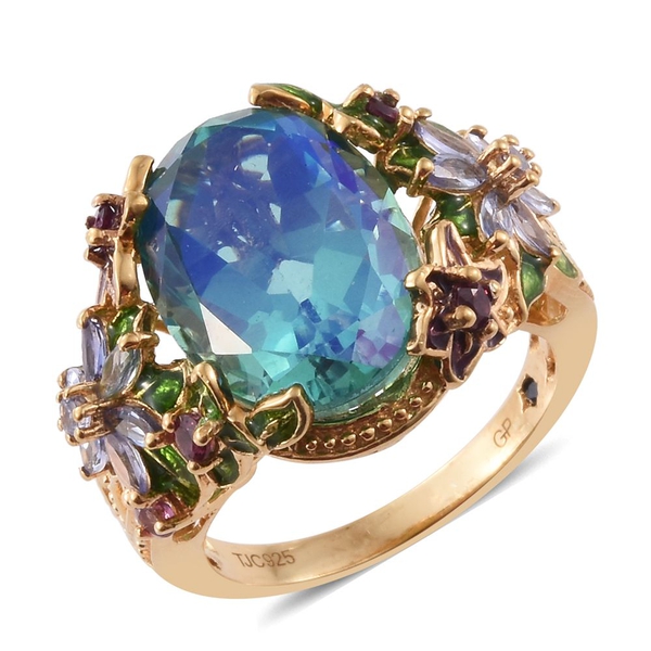 GP Peacock Quartz (Ovl), Rhodolite Garnet, Tanzanite and Kanchanaburi Blue Sapphire Ring in 14K Gold