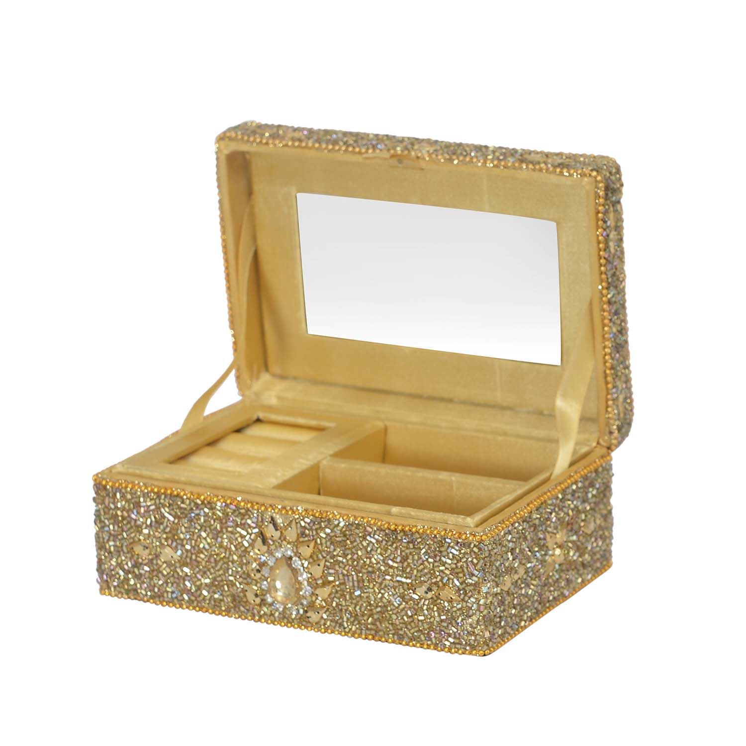 Golden Colour Jewellery Box Decorated with Golden and White Beads with a Tray Inside (Size 15x10x6 Cm)