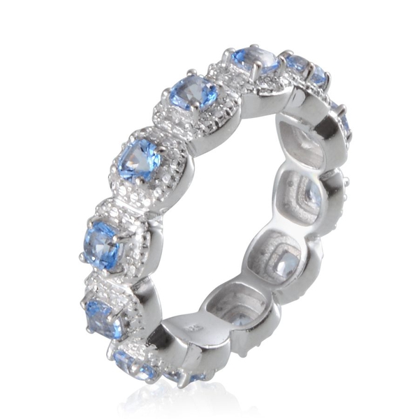 Signity Sum Blue Topaz (Cush), Diamond Full Eternity Ring in Platinum Overlay Sterling Silver 2.010 Ct.