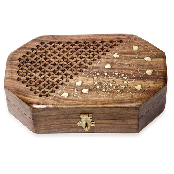 Brass Inlay Indian Rosewood Octangle Shape Butterfly Carved Jewellery Box (Size 8x5x2.25 inch)