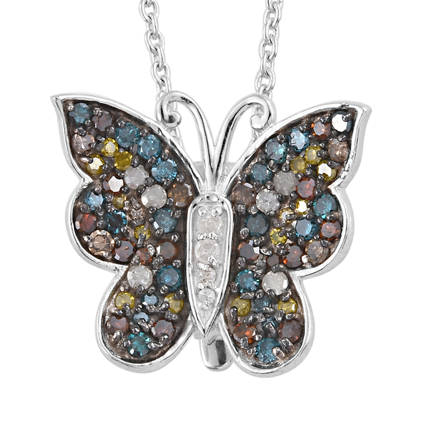 GP Multi Colour Diamond (Rnd), Kanchanaburi Blue Sapphire Butterfly Pendant with Chain (Size 18) and Ring in Platinum Overlay Sterling Silver 1.030 Ct, Silver wt 7.47 Gms.