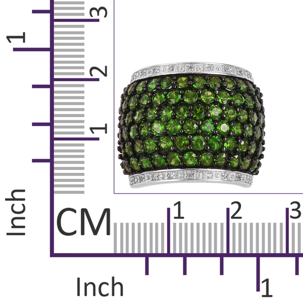 5.95 Ct Chrome Diopside and Natural White Cambodian Zircon Cluster Ring in Black and White Rhodium Plated Silver 11.45 gms