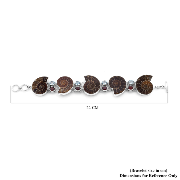 Royal Bali Collection - Ammonite, Sky Blue Topaz and Mozambique Garnet Bracelet (Size 8 with 0.5 inch Extender) in Sterling Silver 11.80 Ct., Silver wt 26.54 Gms