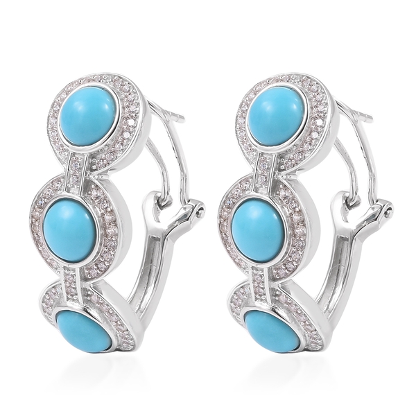 Arizona Sleeping Beauty Turquoise (Ovl 4.50 Ct) and White Zircon Earrings (with French Clip) in Plat