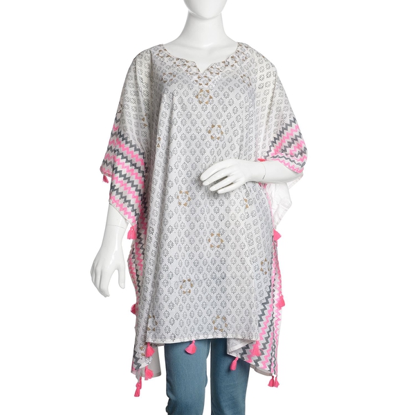 New Season-100% Cotton Grey, Pink and White Colour Hand Block Zigzag Printed Kaftan with Tassels (Fr