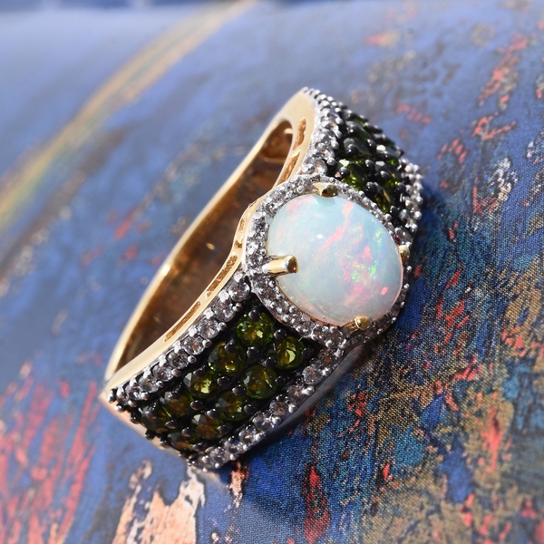 Ethiopian Welo Opal (Ovl 1.20 Ct), Chrome Diopside and Natural Cambodian Zircon Ring in 14K Gold Overlay Sterling Silver 3.000 Ct. Silver wt. 5.54 Gms.