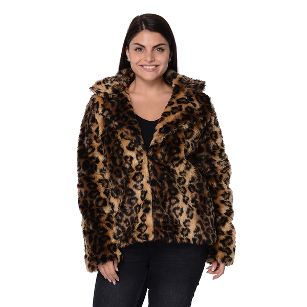 Leopard Print Faux Fur Winter Long Sleeve Coat in Brown and Black Colour