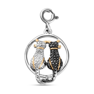 Black and White Diamond (Rnd) Twin Cat Charm in Platinum Overlay Sterling Silver with Black and Yell