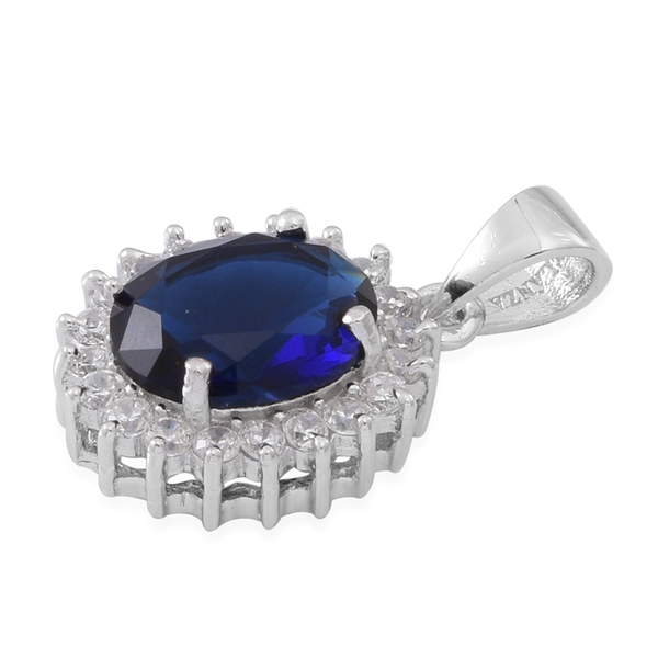 (Option 3) ELANZA AAA Simulated Ceylon Sapphire (Ovl), Simulated White Diamond Pendant and Stud Earrings (with Push Back) in Rhodium Plated Sterling Silver