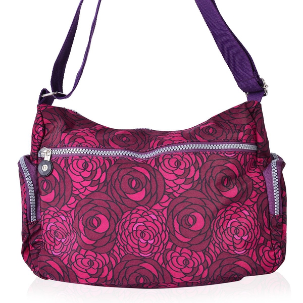 Fuchsia and Purple Colour Floral Pattern Multi Pocket Waterproof Crossbody Bag with Adjustable Shoulder Strap (Size 27.5X20X11 Cm)
