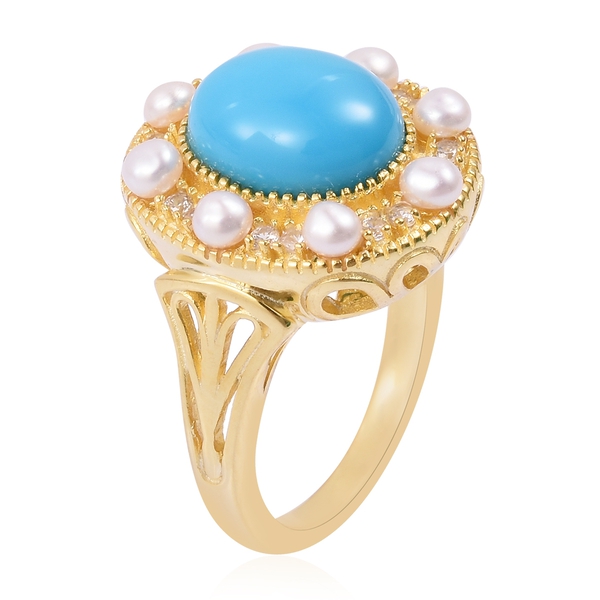 Arizona Sleeping Beauty Turquoise (Ovl 2.50 Ct), Freshwater Pearl and Natural White Cambodian Zircon Ring in Yellow Gold Overlay Sterling Silver 3.900 Ct. Silver wt 5.40 Gms.