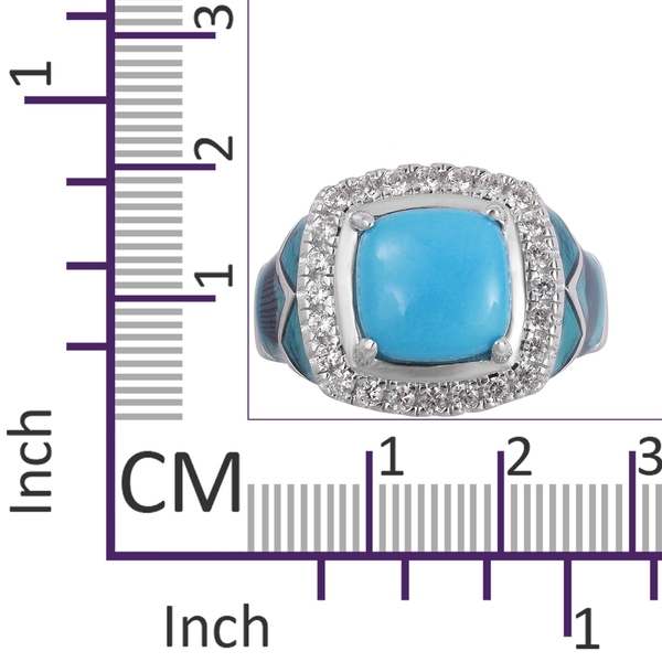 GP Arizona Sleeping Beauty Turquoise (Cush 4.25 Ct), Natural White Cambodian Zircon and Madagascar Blue Sapphire Ring in Blue Enameled Rhodium Plated Sterling Silver 5.160 Ct. Silver wt 8.22 Gms.