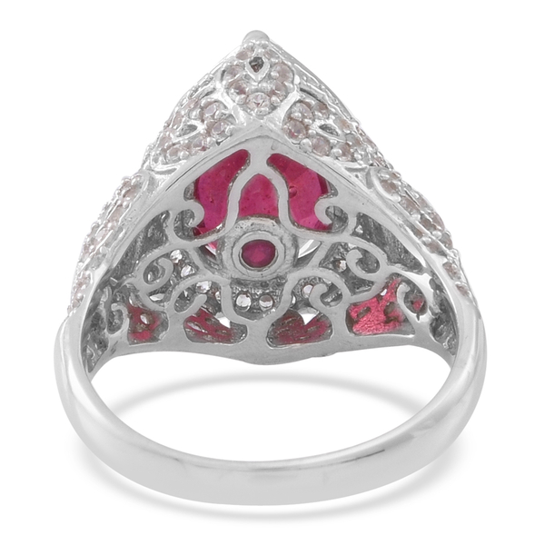 African Ruby (Pear 5.75 Ct), Ruby and Natural Cambodian White Zircon Ring in Rhodium Plated Sterling Silver 7.000 Ct.