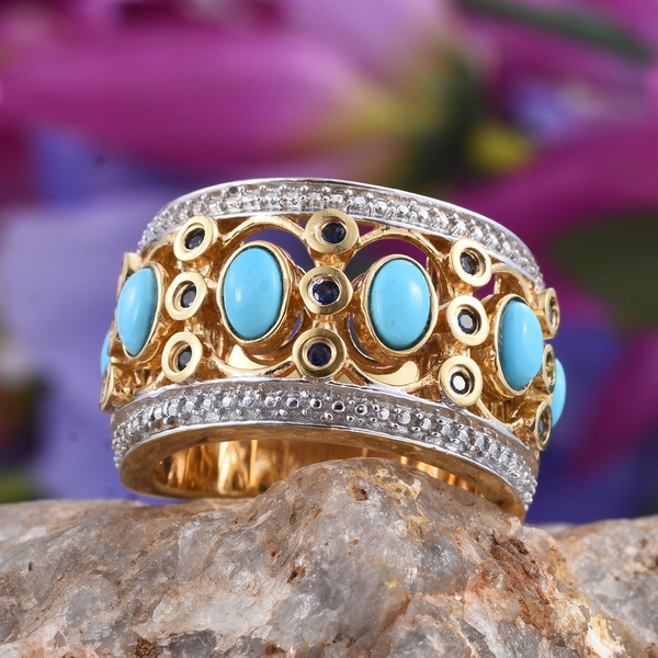 Arizona Sleeping Beauty Turquoise (Ovl), Kanchanaburi Blue Sapphire Ring in 14K Gold Overlay Sterling Silver 1.750 Ct.