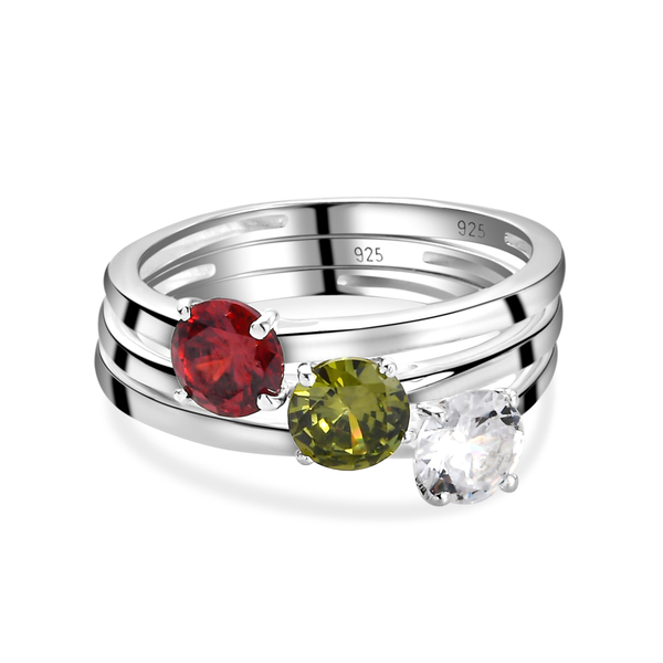 Set of 3 - Simulated Diamond, Simulated Mozambique Garnet and Simulated Hebei Peridot Ring in Sterli