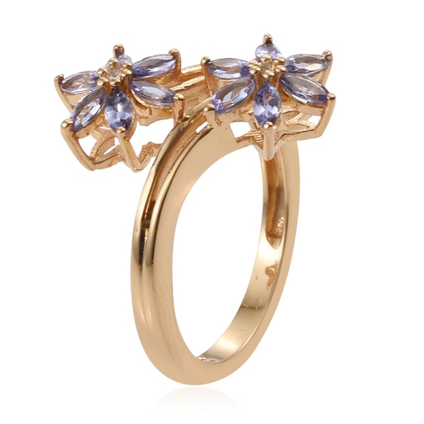 Tanzanite (Mrq), White Topaz Twin Floral Crossover Ring in 14K Gold Overlay Sterling Silver 1.050 Ct.