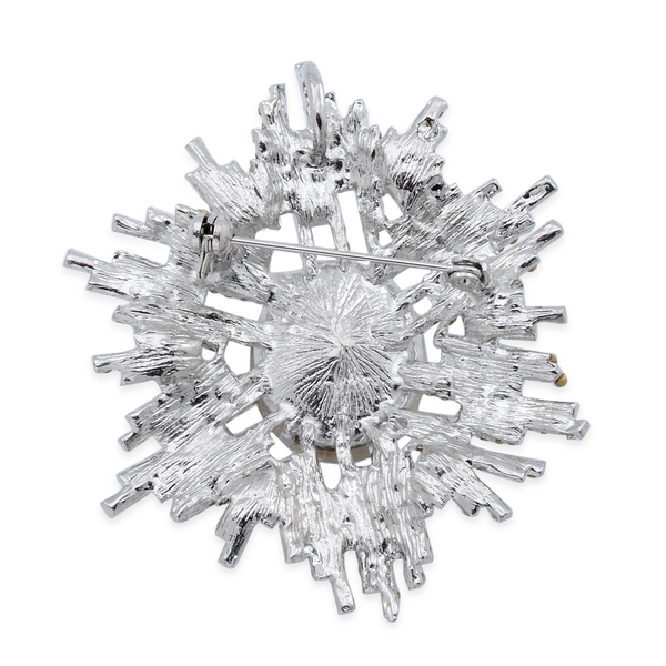 White Glass and Austrian Crystal Starburst Brooch Or Pendant in Silver Tone