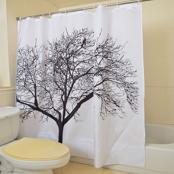 Black and White Colour Snow Tree Pattern Water Proof Shower Curtain with 12 Plastic Hooks (Size 180X