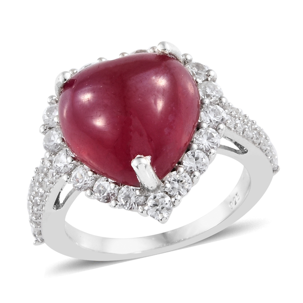 12 Carat African Ruby and Zircon Heart Halo Ring in Platinum Plated Silver