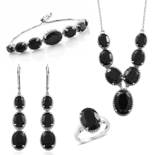 Boi Ploi Black Spinel (Ovl) Necklace (Size 18), Adjustable Bracelet (Size 6.5 to 8), Ring and Lever 