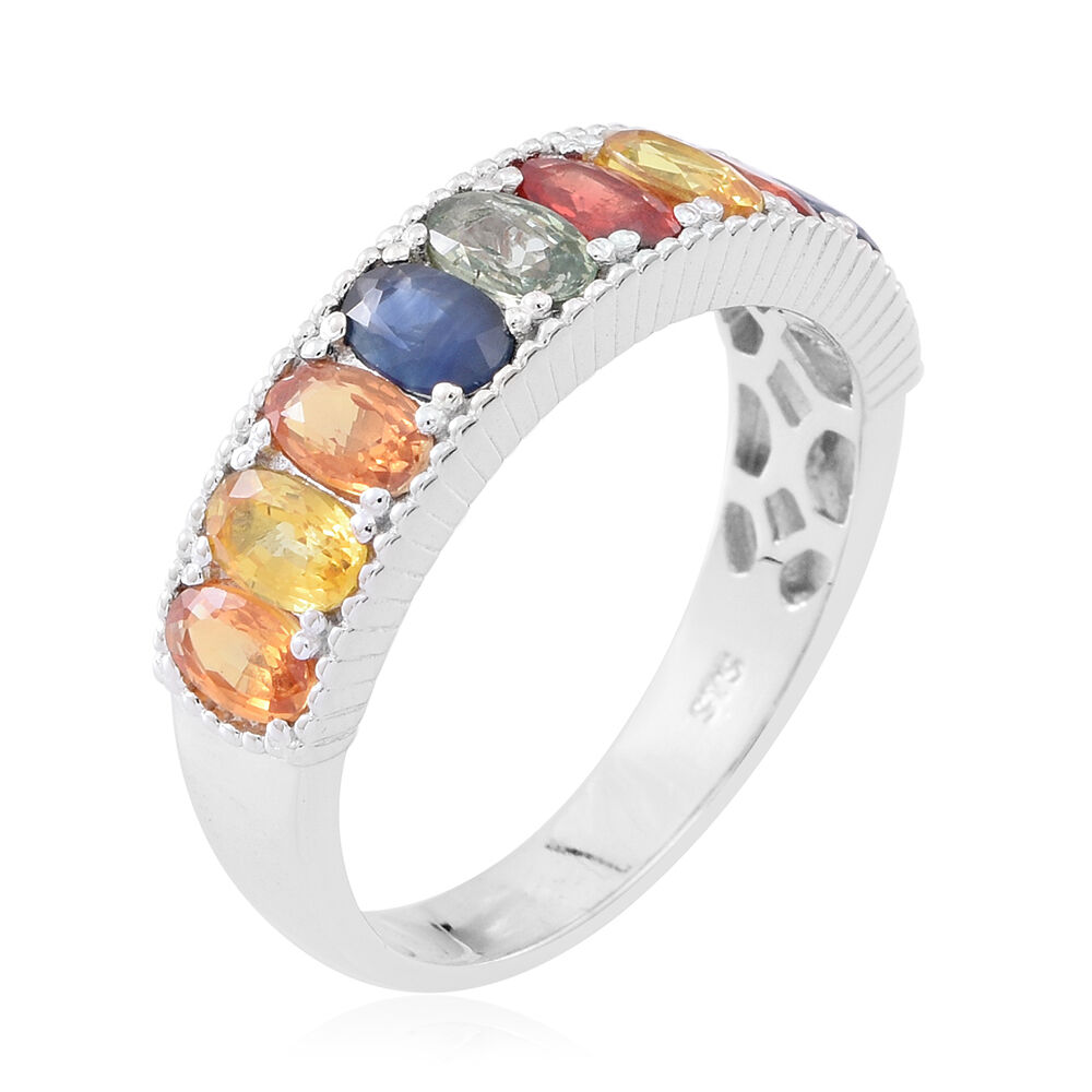 Rainbow Sapphire (Ovl) Half Eternity Band Ring in Rhodium Plated Sterling Silver 3.000 Ct.
