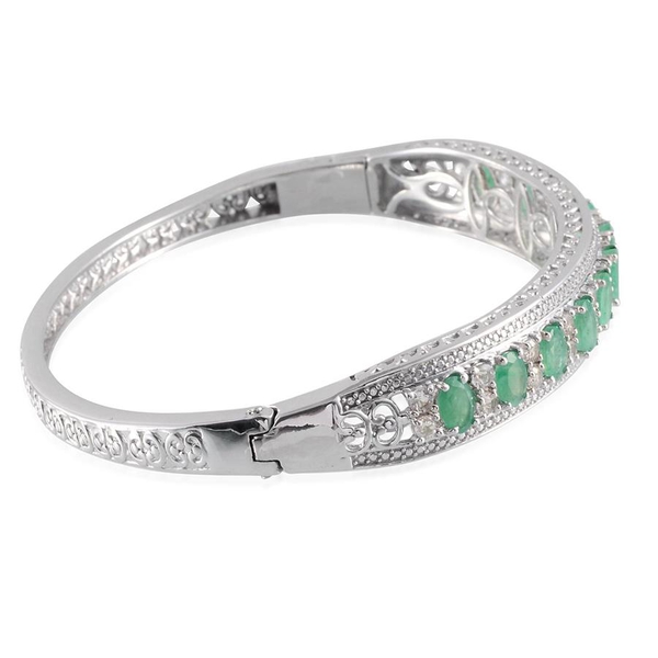 Kagem Zambian Emerald (Ovl), White Topaz Bangle (Size 7.5) in Platinum Overlay Sterling Silver 6.000 Ct.