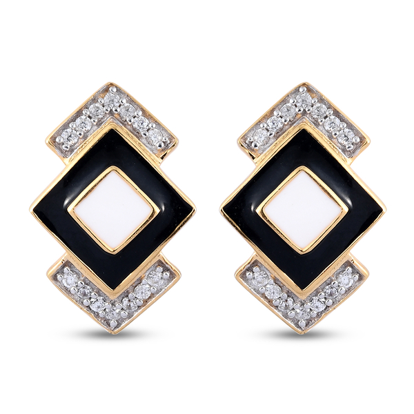 GP Art Deco Collection - Natural Cambodian Zircon and Blue Sapphire Enamelled Earrings in 14K Gold O