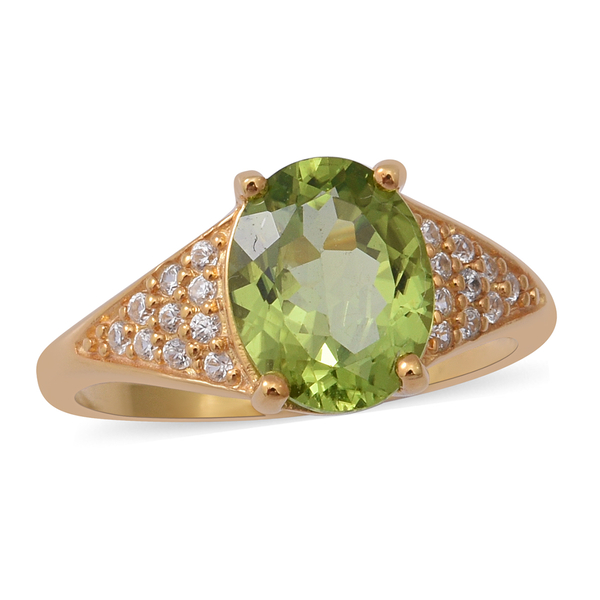 Natural Hebei Peridot and Natural Cambodian Zircon Ring in Yellow Gold Overlay Sterling Silver 3.02 