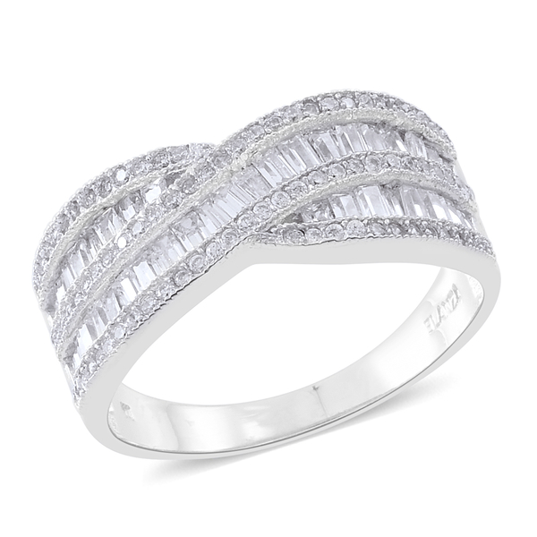 ELANZA AAA Simulated White Diamond (Bgt) Criss Cross Ring in Rhodium Plated Sterling Silver, Silver 