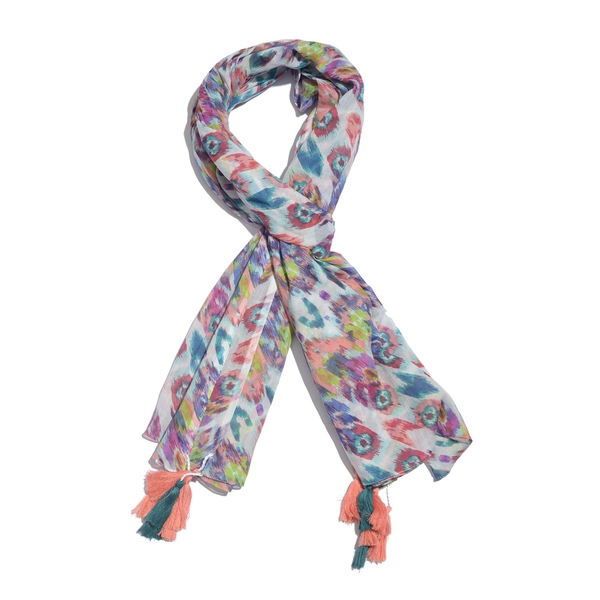 Designer Inspired - 100% Cotton Red, Blue and Multi Colour Printed Scarf with Tassels (Size 210x180 