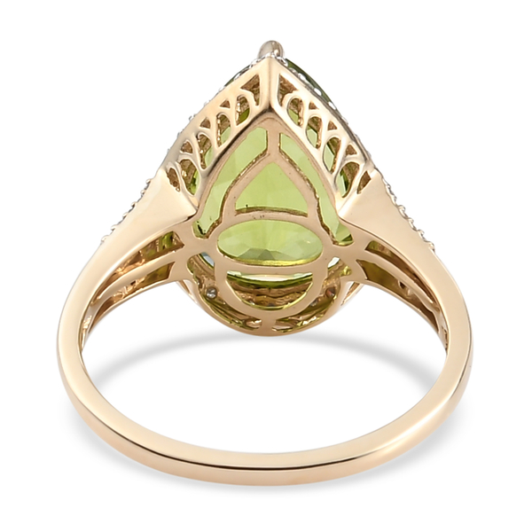 Close Out Deal - 9K Yellow Gold AA Hebei Peridot (Pear 14X10 mm) and Diamond Halo Ring 5.39 Ct.