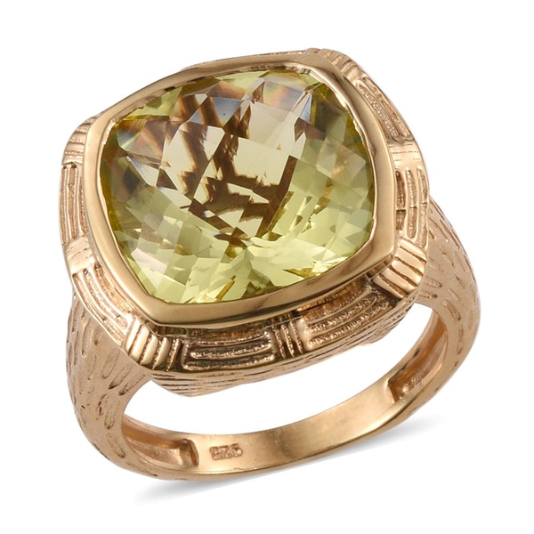Checkerboard Cut Natural Ouro Verde Quartz (Cush) Ring in 14K Gold Overlay Sterling Silver 9.750 Ct.