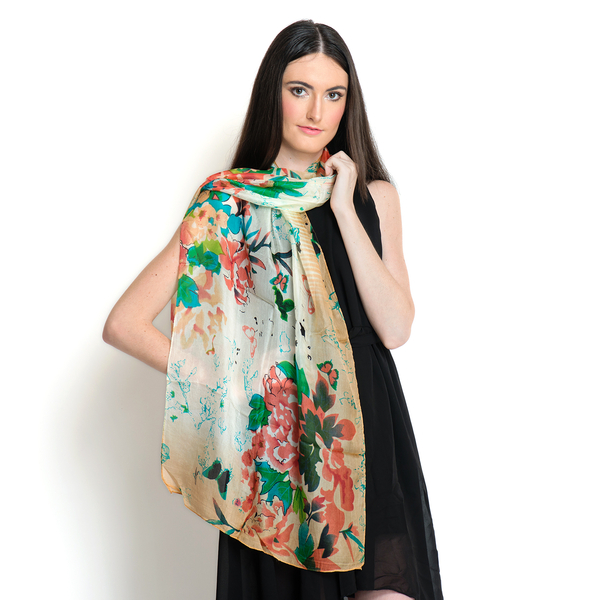 SILK MARK - Made in Kashmir 100% Silk Green and Multi Colour Floral and Butterfly Pattern Yellow Col