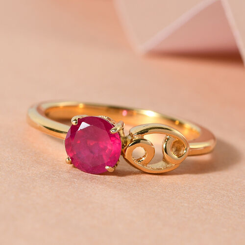 July Ruby Zodiac Cancer Sign Ring in Gold Plated Silver, 1.15 Ct
