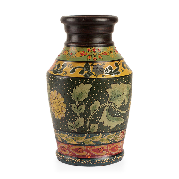 Limited Edition - Designer Inspired Hand Painted Floral Terracotta Vase Green, Black and Multi Colou