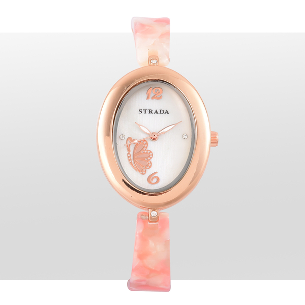STRADA Japanese Movement White Austrian Crystal Studded MOP Dial Watch in Rose Gold Tone with Stainless Steel Back and Pink Colour Strap