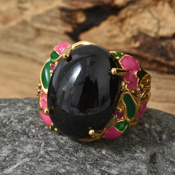 GP Boi Ploi Black Spinel (Ovl 20x15 mm), African Ruby, Amethyst,Chrome Diopside and Kanchanaburi Blue Sapphire Ring in  14K Gold Overlay with Enamled Sterling Silver 14.750 Ct, Silver wt 7.78 Gms.