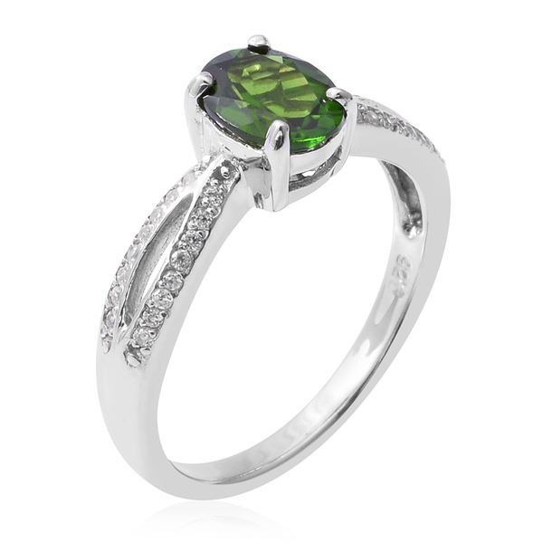 Chrome Diopside (Ovl 1.20 Ct), Natural White Cambodian Zircon Ring in Rhodium Overlay Sterling Silver 1.434 Ct.