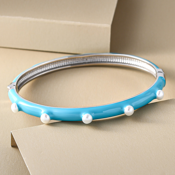 Freshwater Pearl Enamelled Bangle (Size 7.5) in Stainless Steel