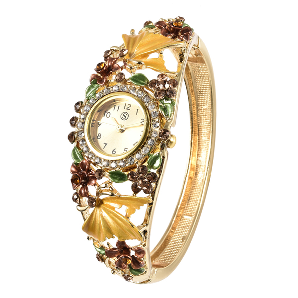 STRADA Japanese Movement Champagne and Brown Austrian Crystal Studded Butterfly & Floral Pattern Water Resistant Bangle Watch (Size 6.5) in Yellow Gold Tone