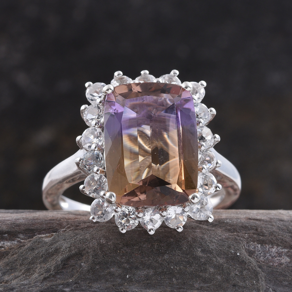Limited Edition - Anahi Ametrine (Cush 7.05 Ct), White Topaz Ring in Platinum Overlay Sterling Silver 8.500 Ct.